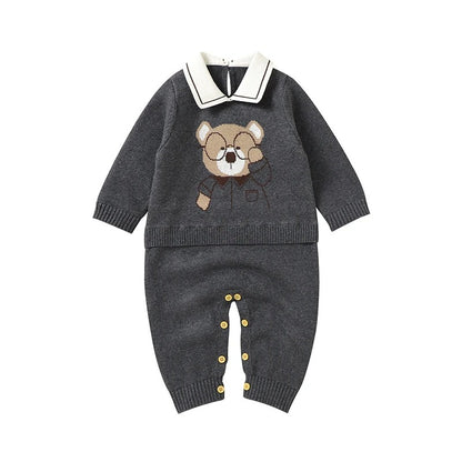 Set Cotton Knit Toddler Long Sleeve Turn-down Jumpsuit + Bed Quilt cute Bear.