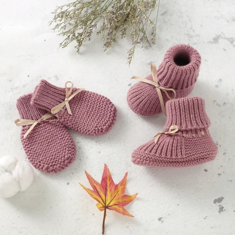 Set Knitted Infant Long Sleeve Jumpsuit +Boots +Mitten Solid +Hat Toddler Clothing  4PC
