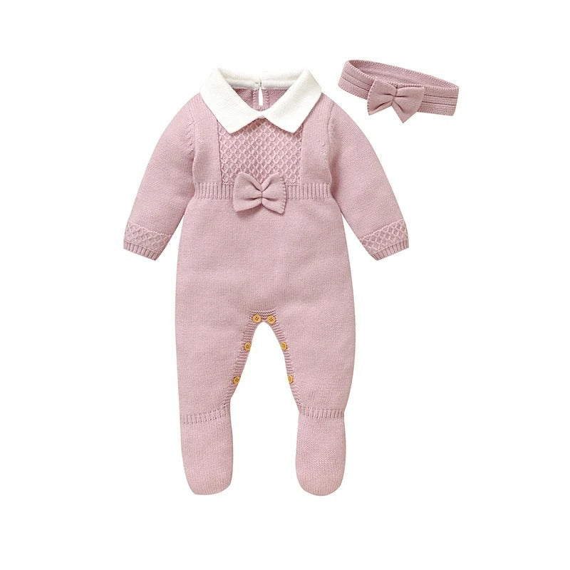 Newborn Baby Rompers Set Wrap Feet Warm Infant with hair bow.