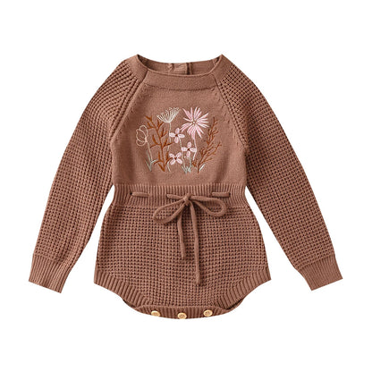 Pudcoco Infant Baby Girl Knit Jumpsuit Flower Embroidery Long Sleeve Drawstring Waist Romper.