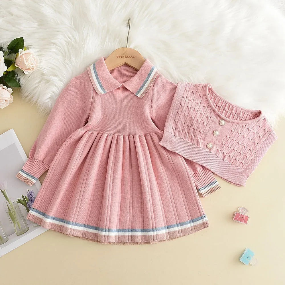 Kids Dresses Pearl Button Tricolor