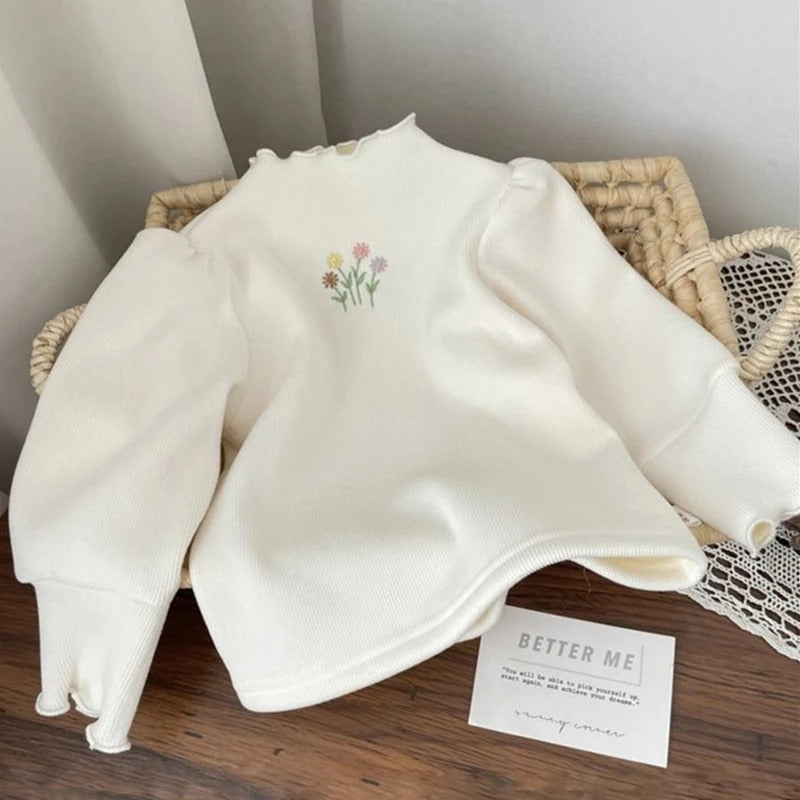 Warm Thickening Sweater Children Puff Sleeve Flower Embroidery Bottom