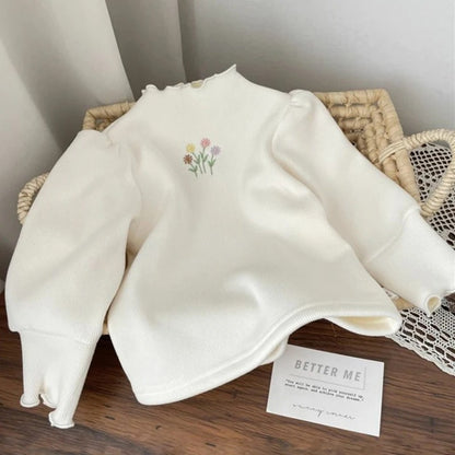Warm Thickening Sweater Children Puff Sleeve Flower Embroidery Bottom
