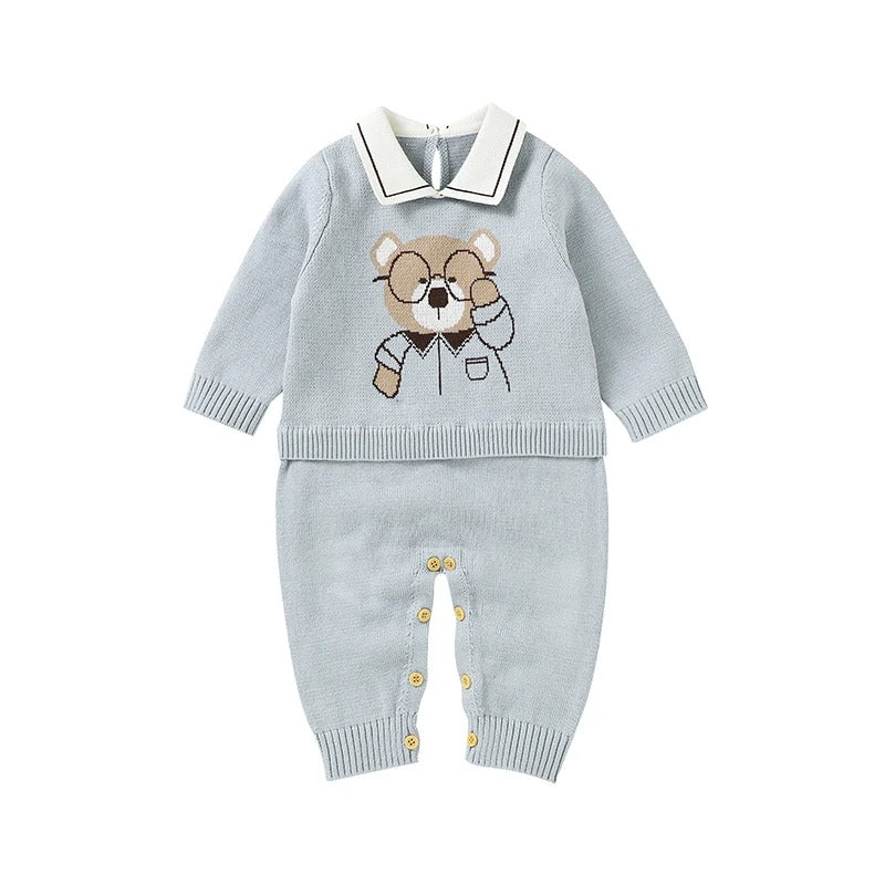 Set Cotton Knit Toddler Long Sleeve Turn-down Jumpsuit + Bed Quilt cute Bear.