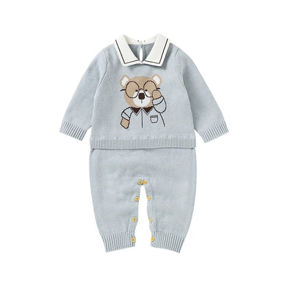 Set Cotton Knit Toddler Long Sleeve Turn-down Jumpsuit + Bed Quilt cute Bear.