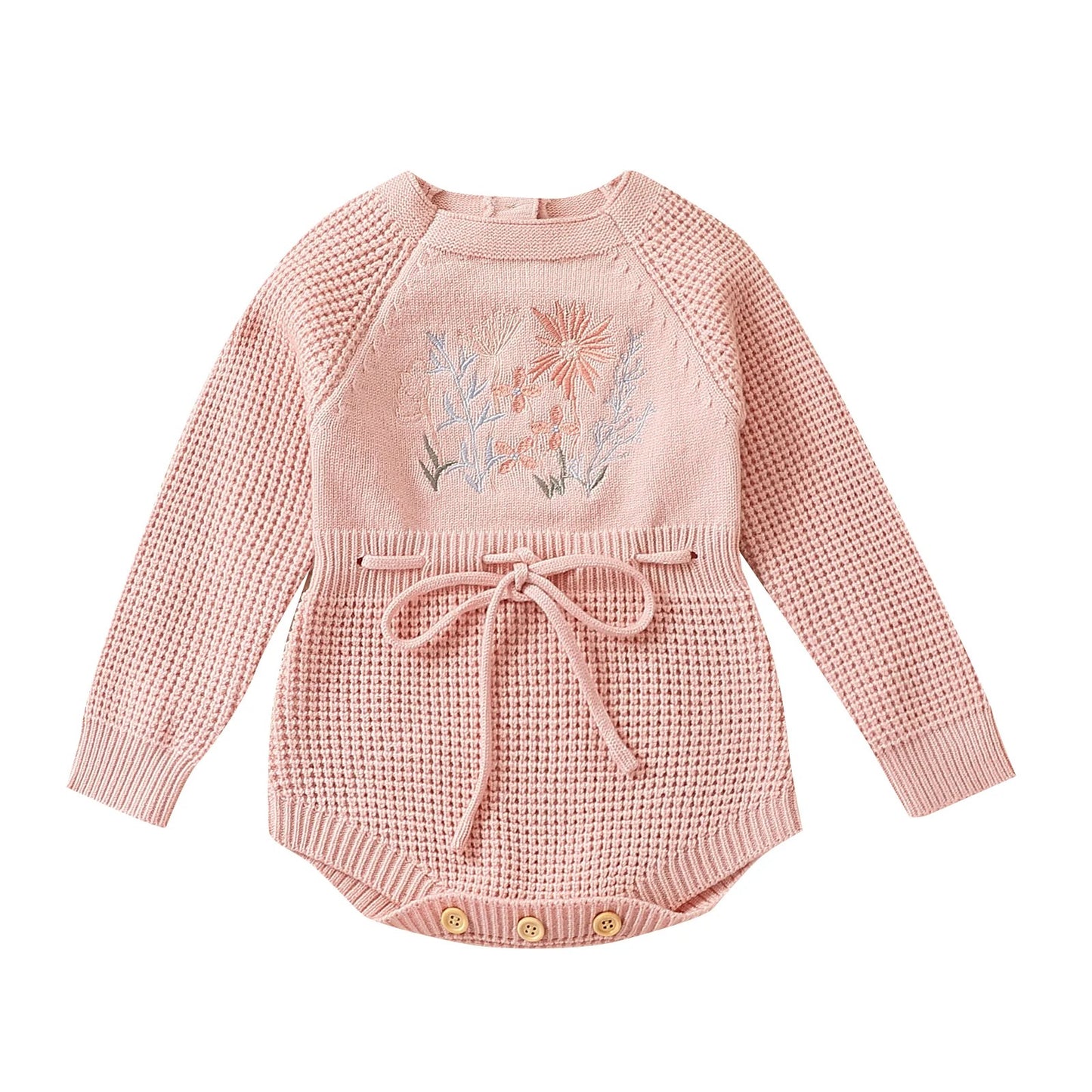 Pudcoco Infant Baby Girl Knit Jumpsuit Flower Embroidery Long Sleeve Drawstring Waist Romper.