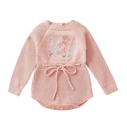 Pudcoco Infant Baby Girl Knit Jumpsuit Flower Embroidery Long Sleeve Drawstring Waist Romper.