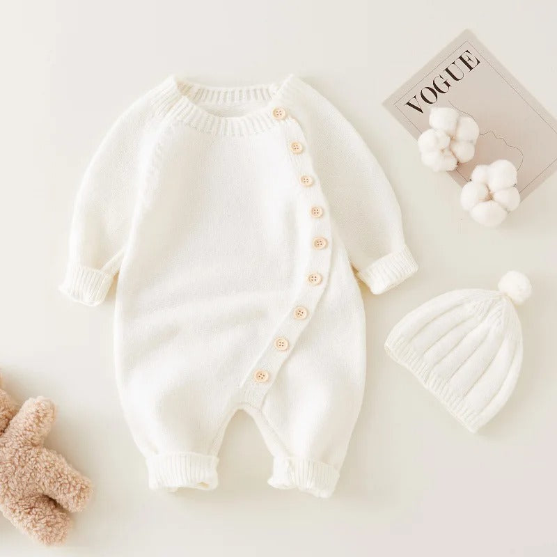Full Sleeve Knitted Newborn Infant Boys Girls Jumpsuits Hats Outfits Sets