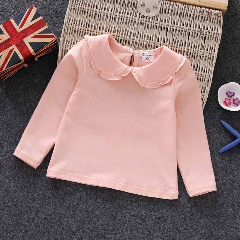 Little Girls Shirts Cotton Lace White Long Sleeve.