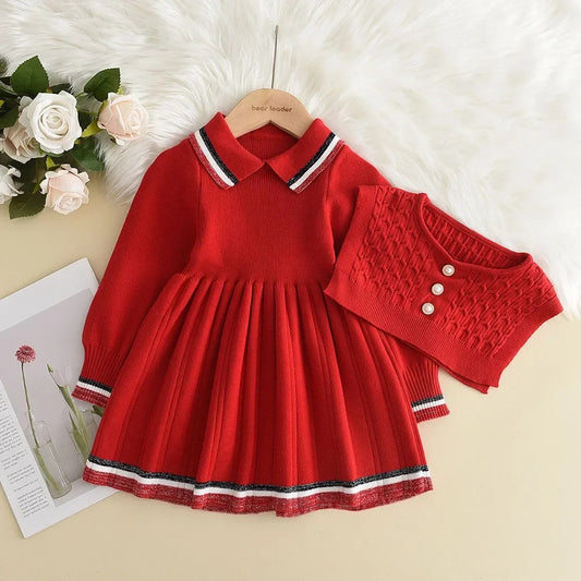 Kids Dresses Pearl Button Tricolor
