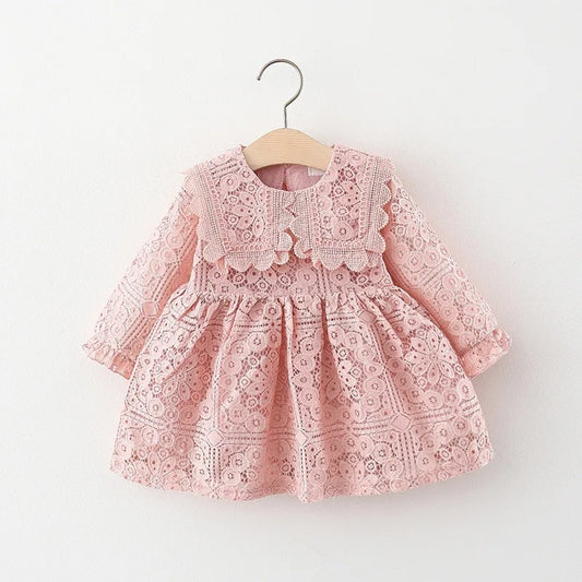 Doll Collar Long Sleeve Lace Baby Dress.