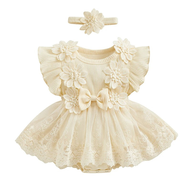 Baby Tulle Dress Romper Flowers Bodysuit Spring Summer Festival Clothes with Headband