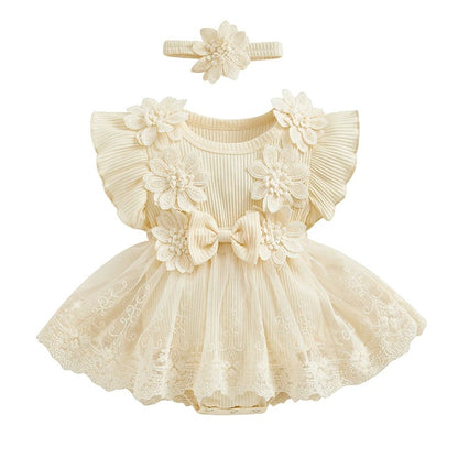 Baby Tulle Dress Romper Flowers Bodysuit Spring Summer Festival Clothes with Headband