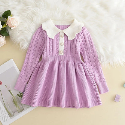 Knitting Wool Long Sleeve Dress Girls