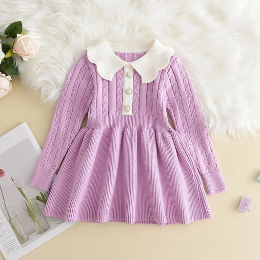 Knitting Wool Long Sleeve Dress Girls