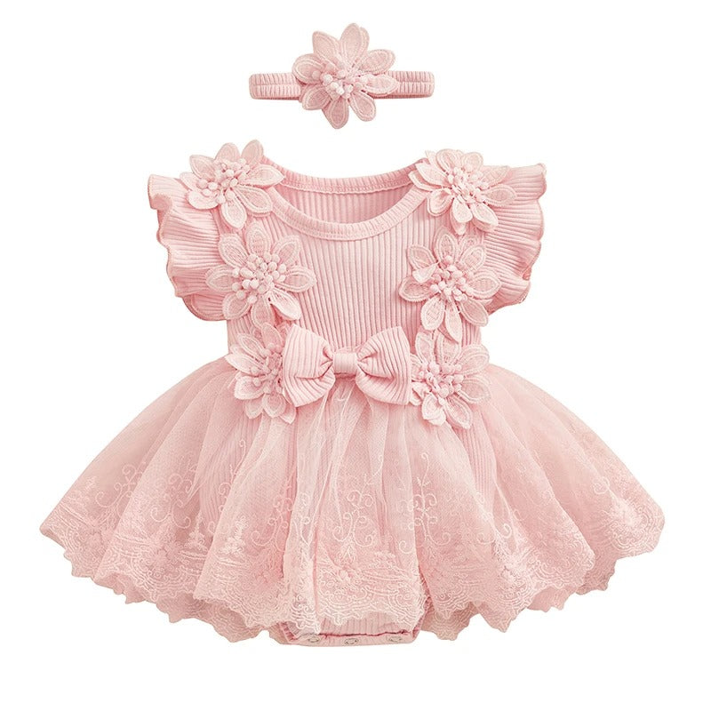 Baby Tulle Dress Romper Flowers Bodysuit Spring Summer Festival Clothes with Headband