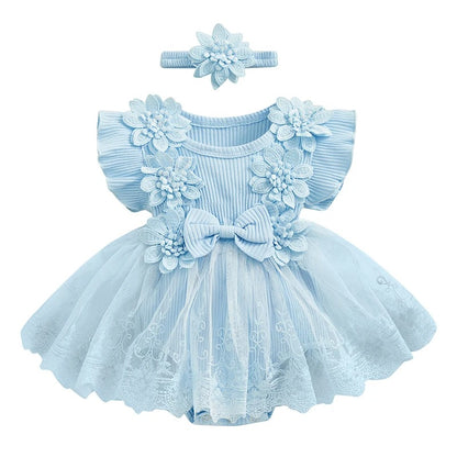 Baby Tulle Dress Romper Flowers Bodysuit Spring Summer Festival Clothes with Headband