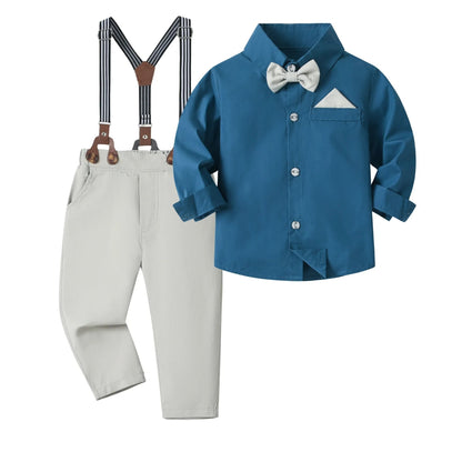 Set Solid Cotton Shirt with Pants Kid Suspender