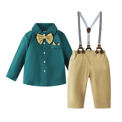 Set Solid Cotton Shirt with Pants Kid Suspender