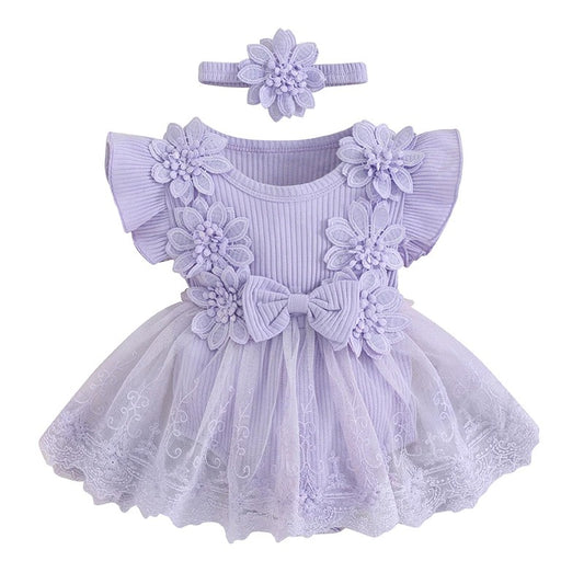 Baby Tulle Dress Romper Flowers Bodysuit Spring Summer Festival Clothes with Headband