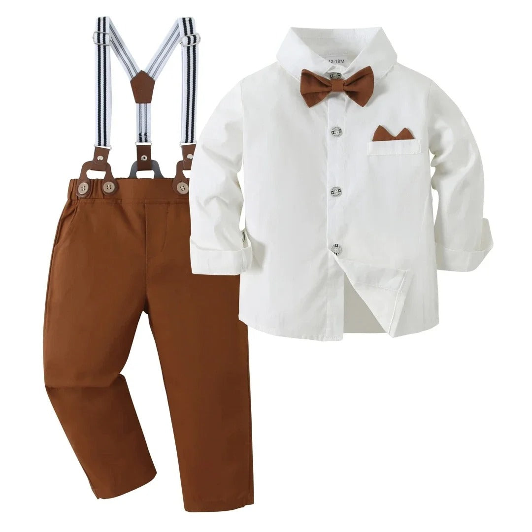 Set Solid Cotton Shirt with Pants Kid Suspender