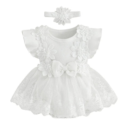 Baby Tulle Dress Romper Flowers Bodysuit Spring Summer Festival Clothes with Headband