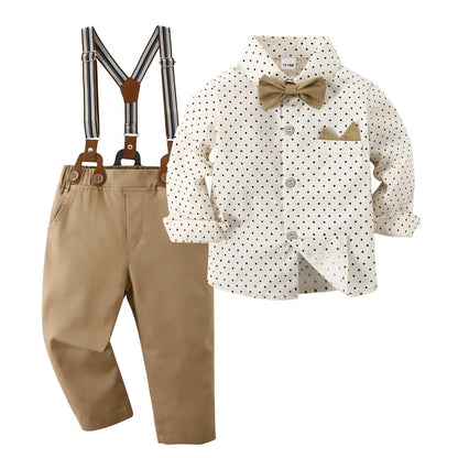 Set Solid Cotton Shirt with Pants Kid Suspender